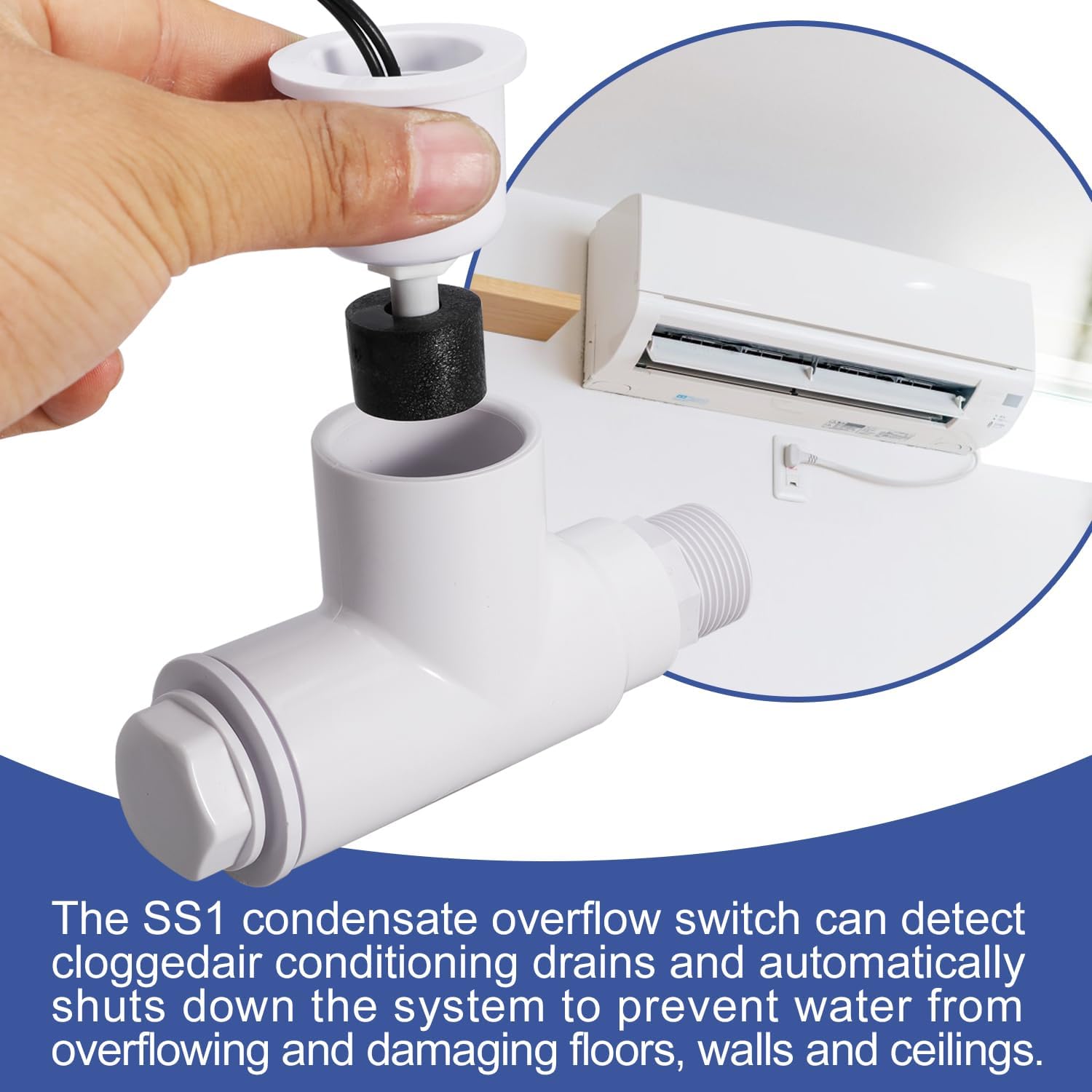 SS1 Float Switch Condensate Overflow Switch with 3/4 Inch Adaptor and 6FT Wire for HVAC Drain Pan Condensate for condensate Overflow Detection (6PCS)