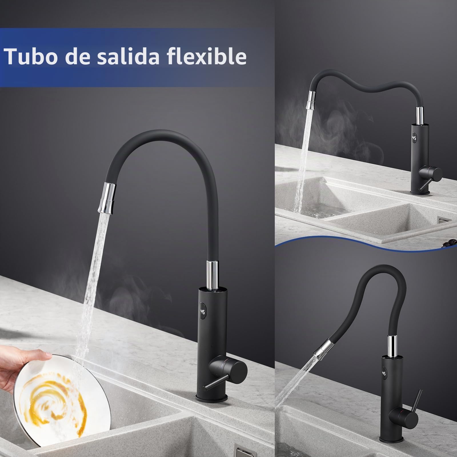 3200W Grifo Eléctrico con Calentador de Agua Instantáneo, Grifo de Cocina Eléctrico con Pantalla Digital LED y Manguera Flexible, 360° Rotación Grifo Agua Caliente Instantanea, Negro