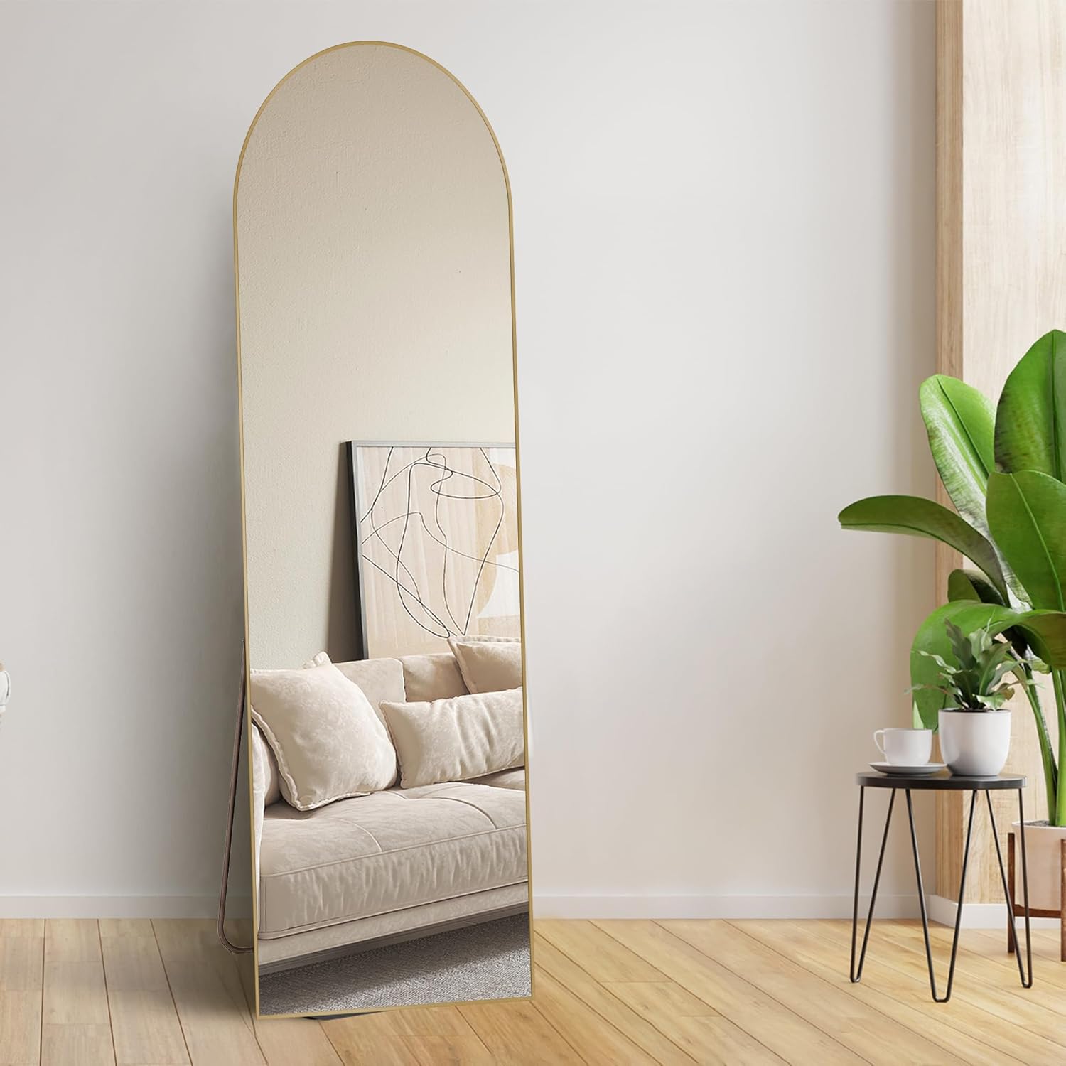 Full Length Mirror with HD Tempered Glass, Wall Mounted or Free Standing Floor Mirror with Stand, No Distortion, Sleek Safe Frame for Bedroom, Living Room, Entryway (Gold, 56")