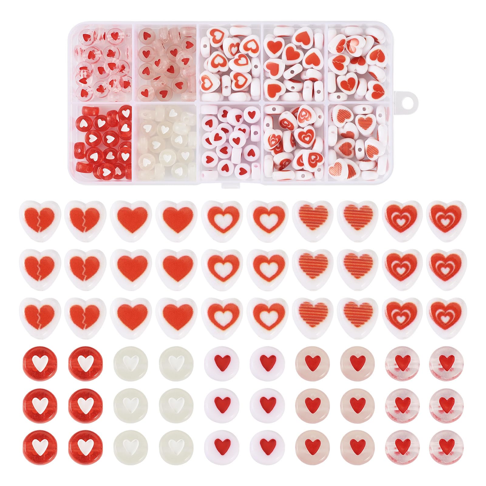 Boutigem 200Pcs Love Heart Acrylic Beads Set Flat Round with Heart Luminous Beads for Valentine's Day Jewelry Making