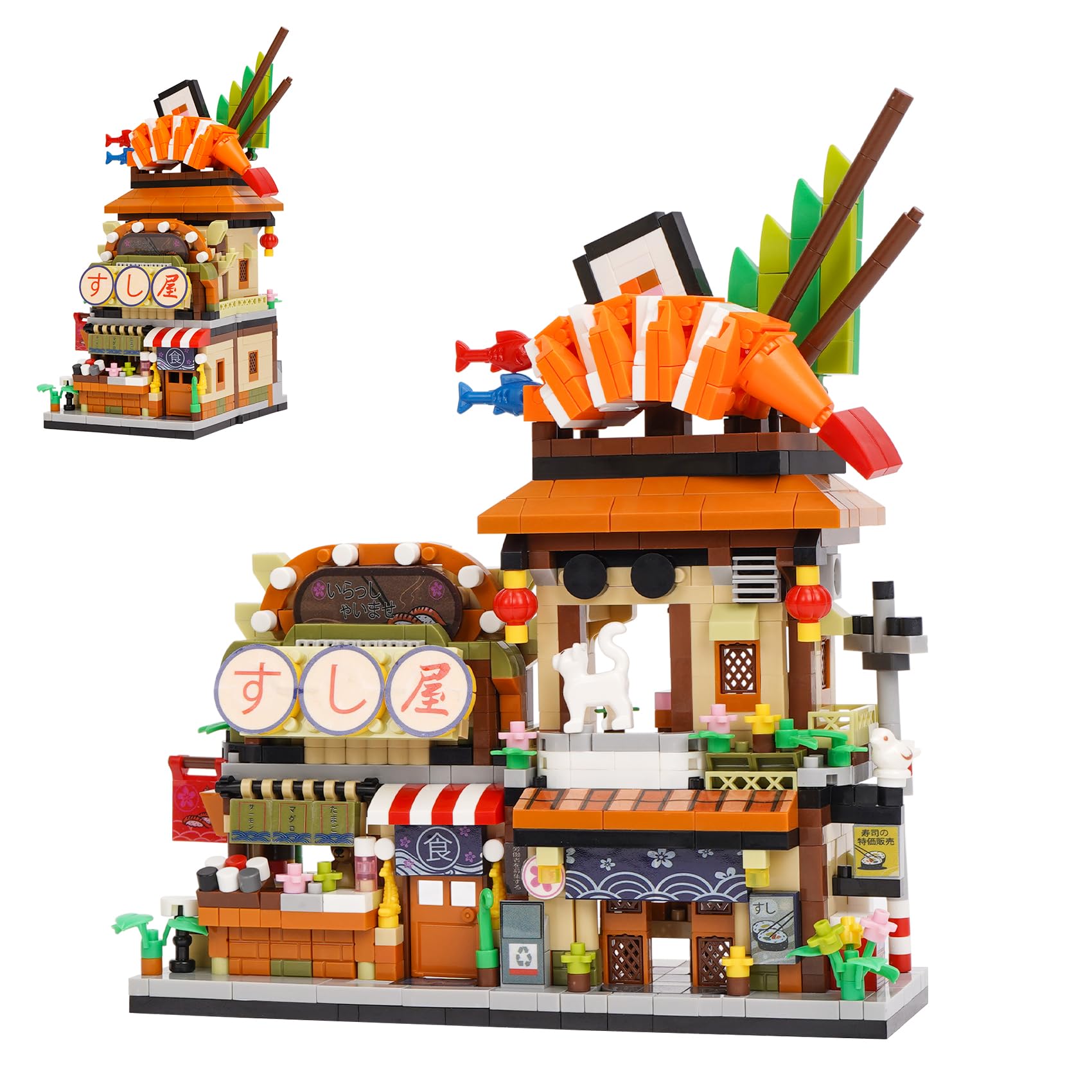 Geniteen Japanese Sushi Shop Building Block Set,1117 PCS Creative DIY Mini City House MOC Street View Home Decor Model for Adults (Sushi Shop)