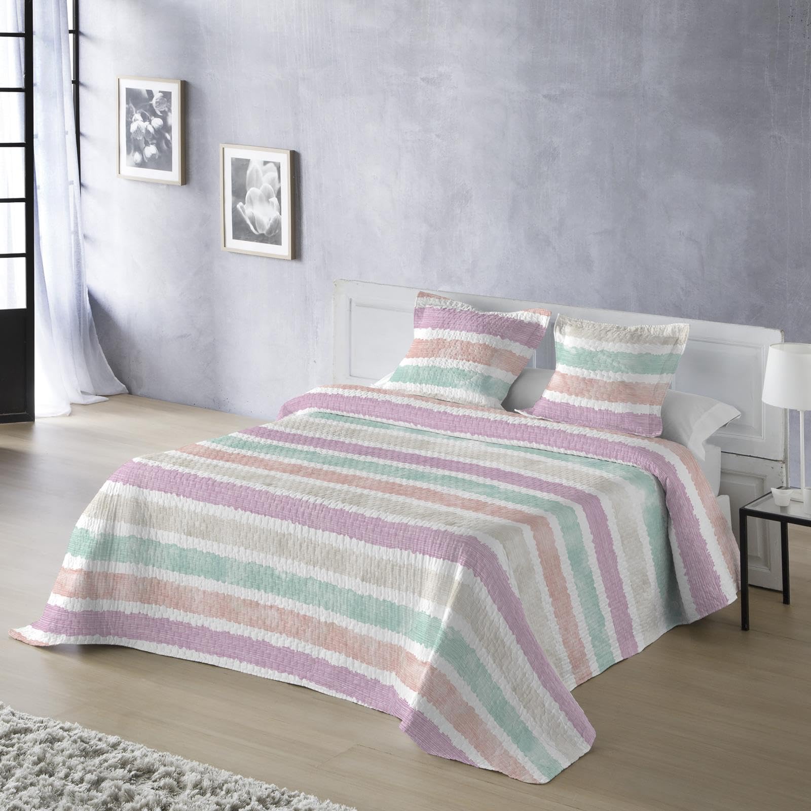 Genérico STILIA Colcha Bouti Estampada Verano Alfani, 100% Poliéster, Relleno 100g/m², Incluye Funda/s de Cojín (Rosa, 135 cm)