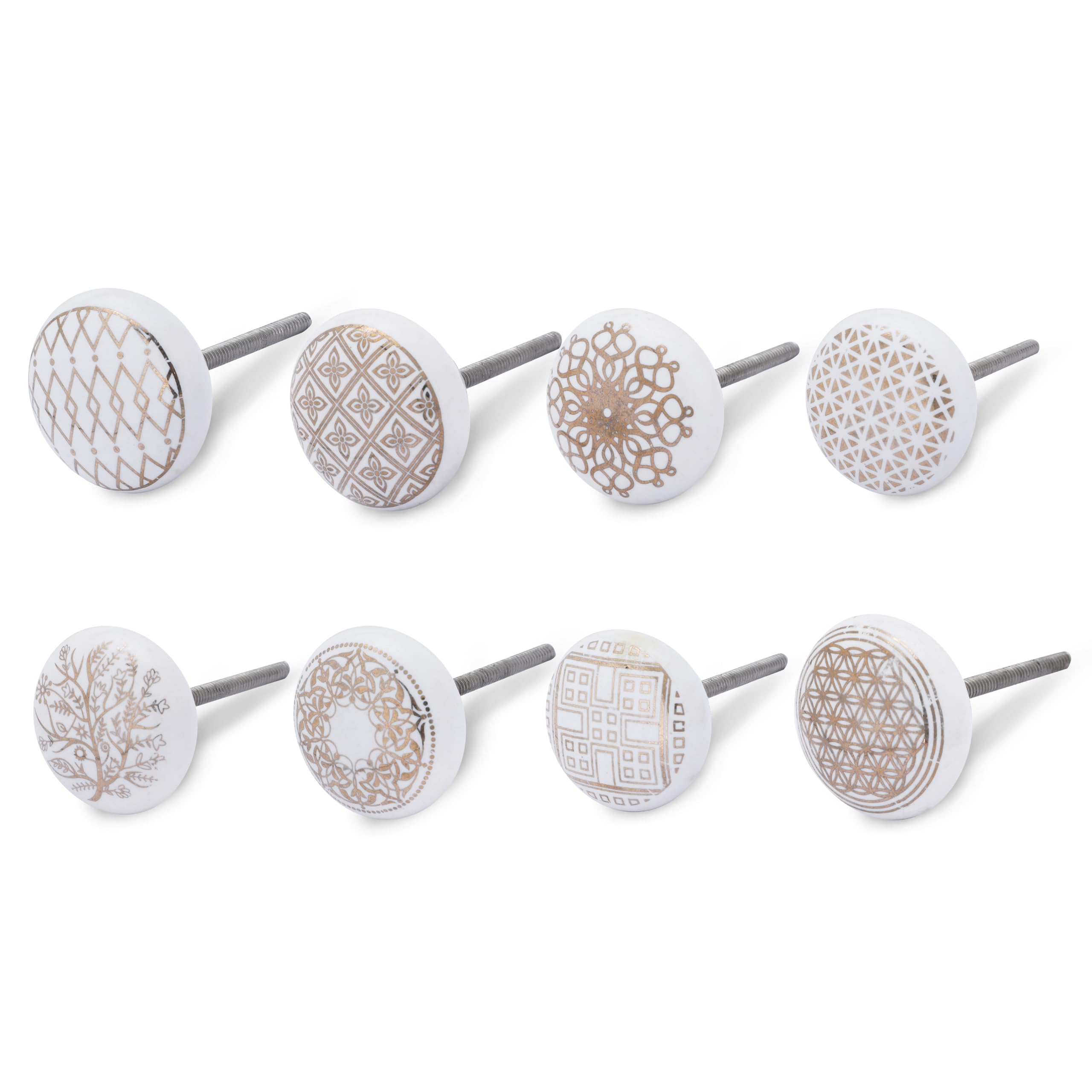 ETHNICITI 8 x Round Gold & White Handmade Geometric Ceramic Door Knobs Cupboards Drawers Cabinets Wardrobe Assorted Vintage Shabby Chic Kitchen Bedroom Living Room Furniture Dressers Pulls Handles - Image 4