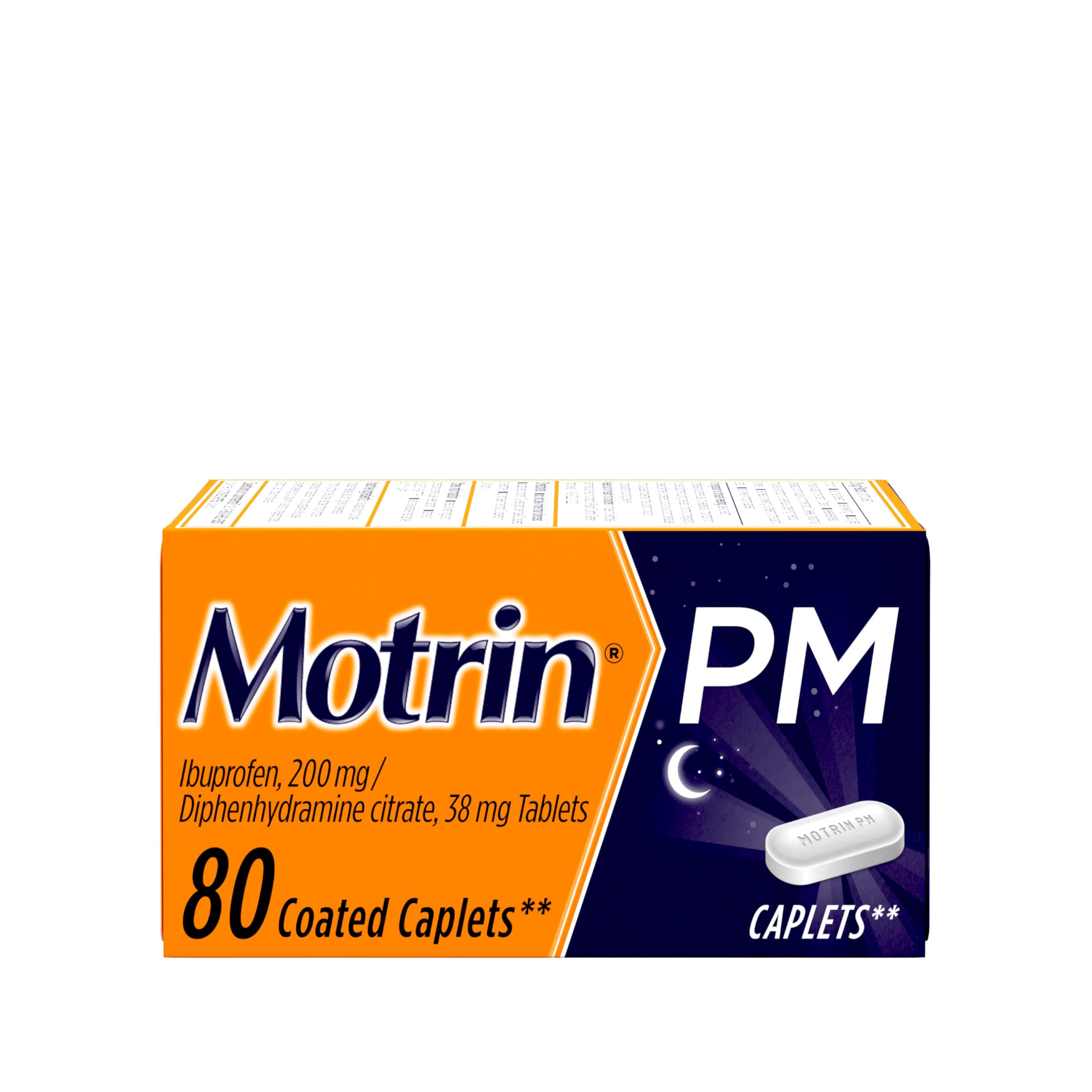 MotrinPM Caplets with 200 mg Ibuprofen & 38 mg Diphenhydramine Sleep Aid, Nighttime Pain Reliever for Minor Aches & Pains, Bulk, 80 ct