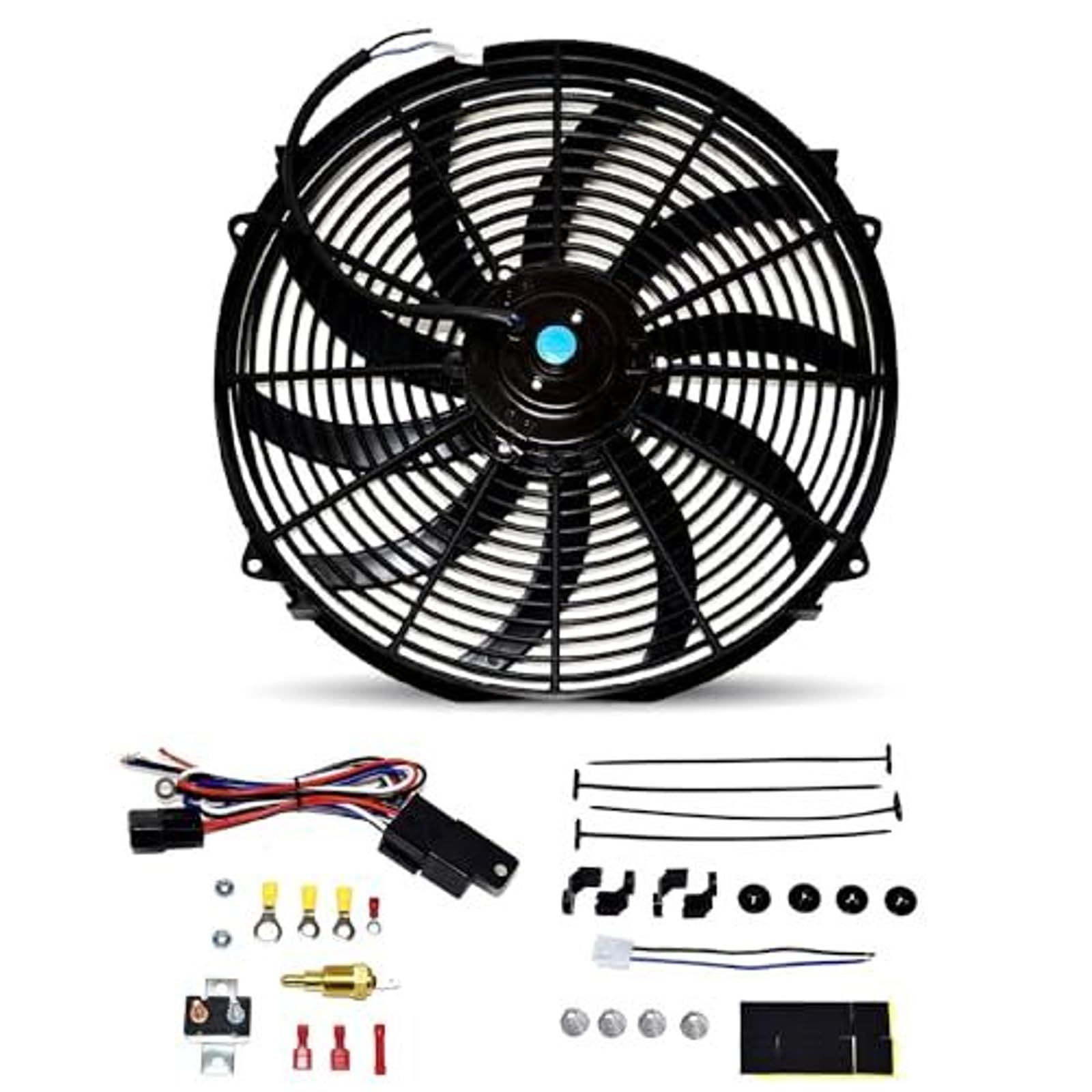 A-Team Performance 16" Electric Radiator Cooling Fan Kit - Reversible Push-Pull & 3000 CFM - 10 S-Curved Blades & Thermostat Control - Fan Mounting Kit & Universal Fit - 12V, 3-Pin Connector