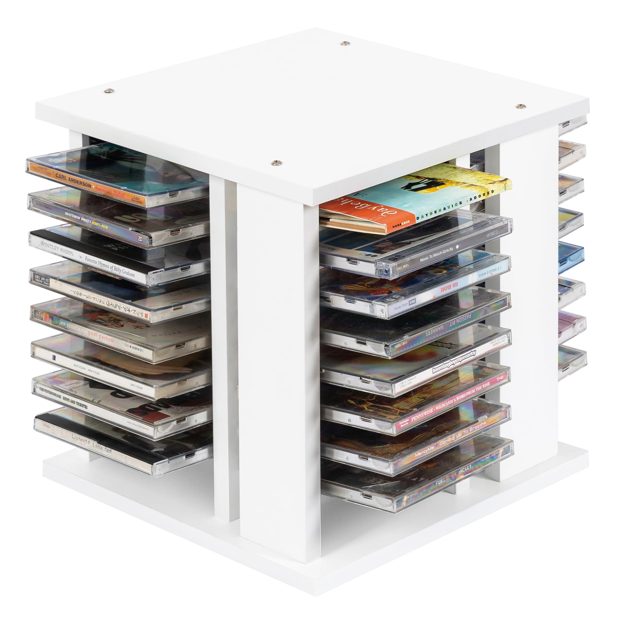 DMIDYLL CD Storage Rack for Theatre Room, 360°Rotating CD Case Holder - Hold up to 68 CD Cases, Organizer Shelf for Movie Cases, DVDs, Cassette Tape Display Stand, White Wood CD Shelf