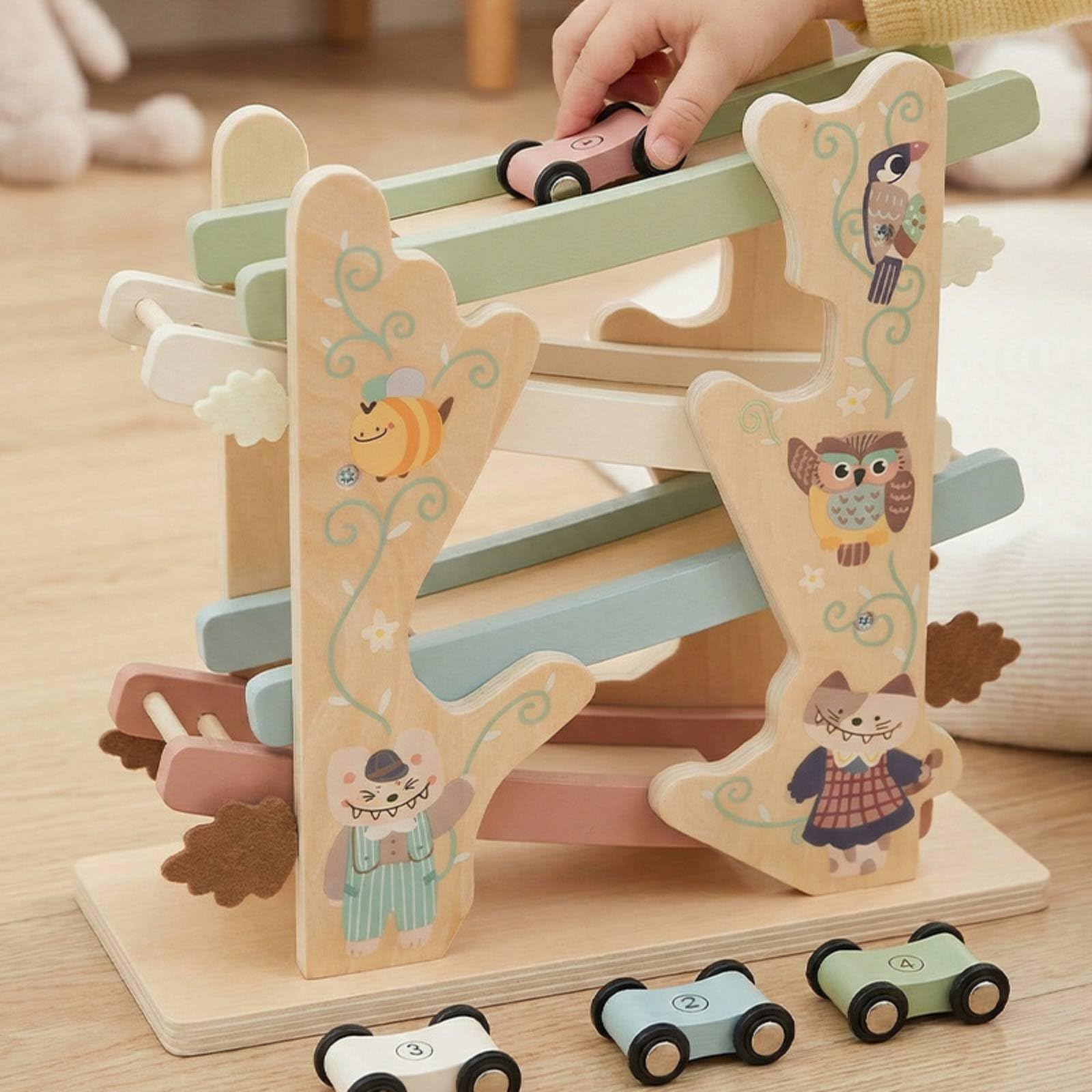 Auto Educativa Bambini Pista Rampe in Legno Giocattolo Corsa Discendente a Inerzia Scivolo Stratificato Legno Verniciato Ad Acqua con Illustrazioni
