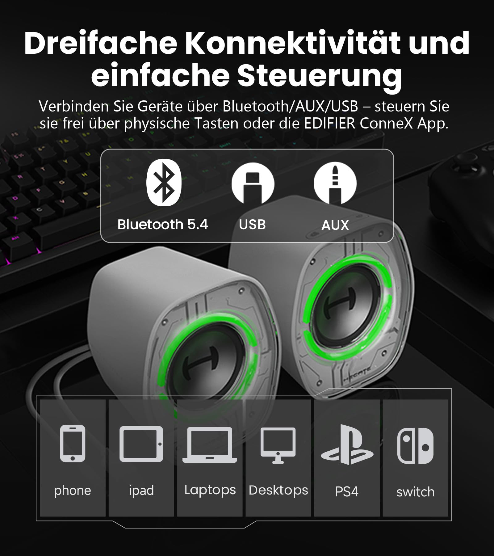 Edifier G1000 II Desktop-Computerlautsprecher, 2,5-Zoll-Breitbandlautsprecher mit Verbessertem Bass, Dynamische RGB-Beleuchtung, Bluetooth 5.4/USB-C/AUX, Gaming-Lautsprecher für PC/PS5/Switch, Schwarz