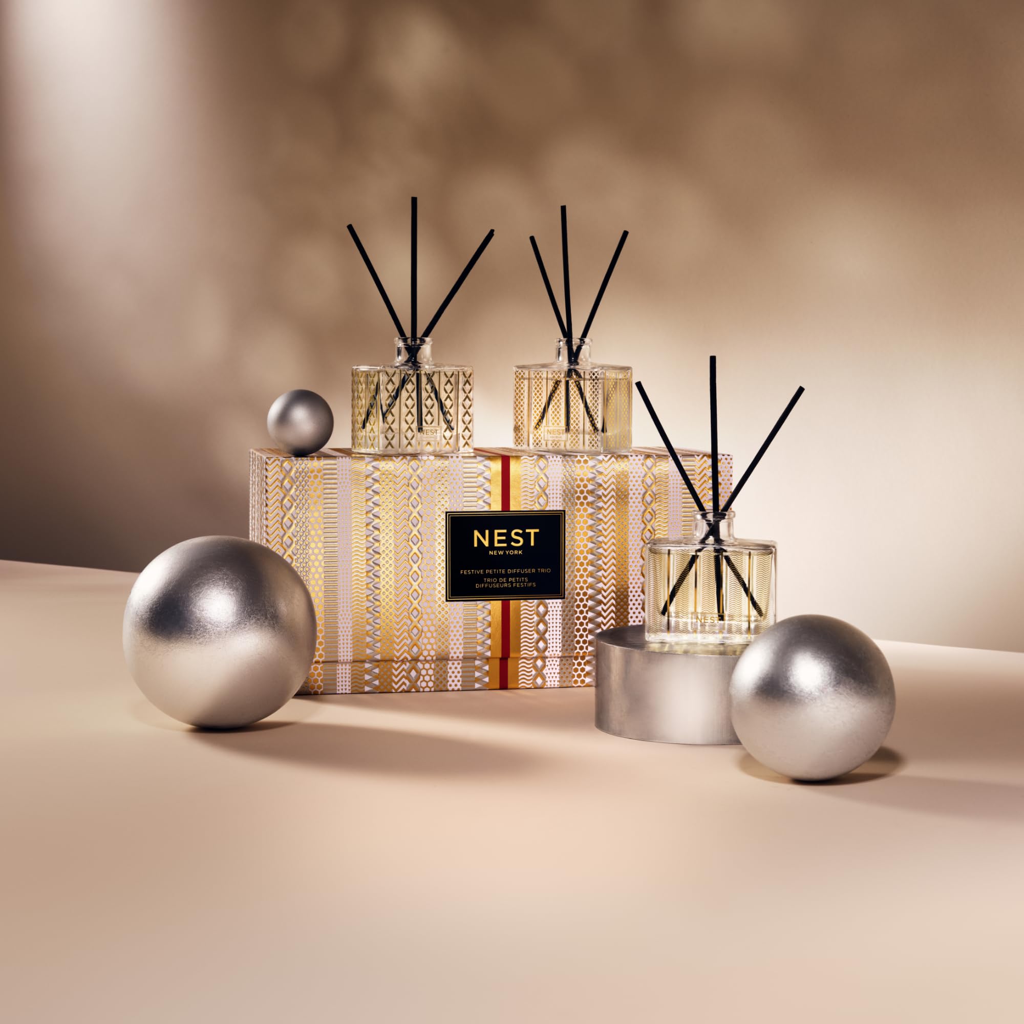 NEST New York Festive Petite Diffuser Trio - 1.3 fl oz Each - Includes Holiday, Birchwood Pine, and Blue Cypress & Snow - Fragrance for Up to 90 Days - Includes All-Natural Reed Sticks - Flame Free