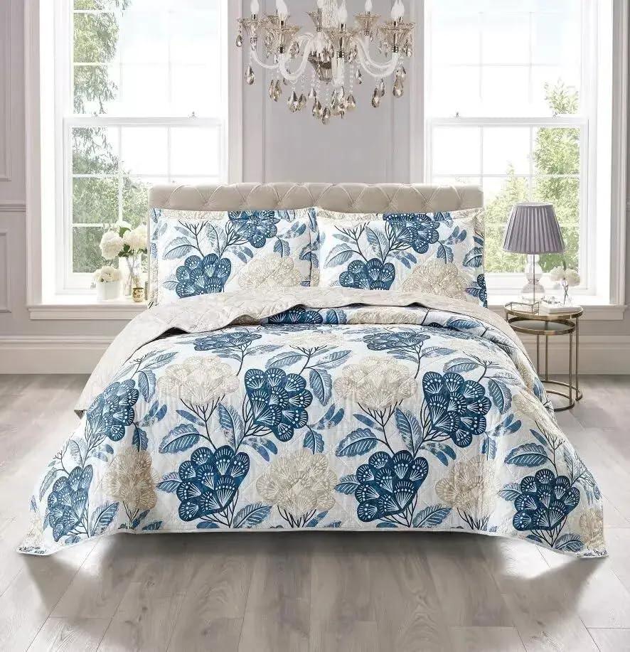 Online Bedding Quilted Patchwork Bedspread - Hypoallergenic, Machine Washable Duvet & Pillowcases Bedding Set (Bloom Blue, King)
