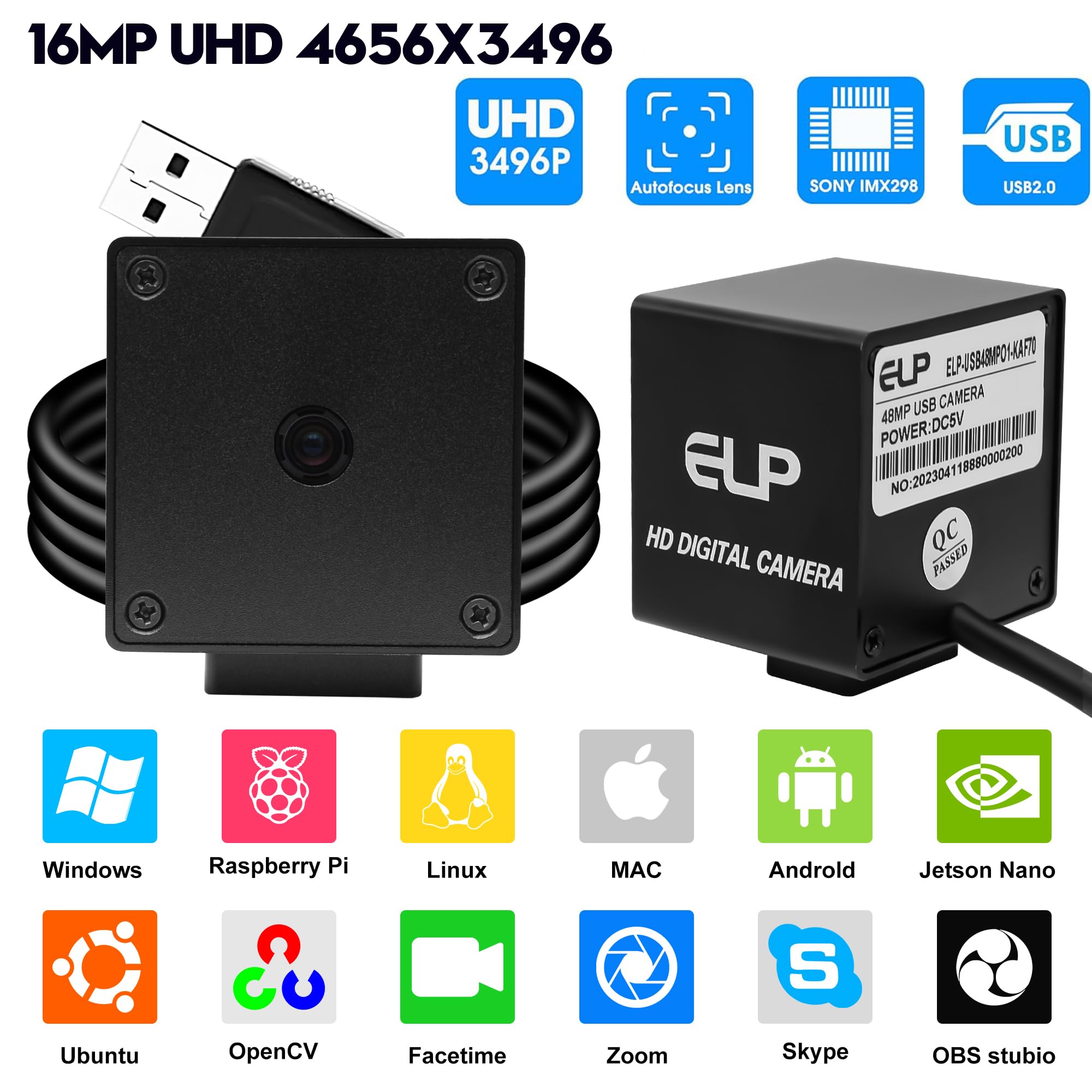 Svpro Autofocus - Telecamera USB da 16 MP, ad alta definizione, per computer portatile, IMX298, UVC, 4K, Lightburn, con incisione laser, elaborazione delle immagini industriali, fotocamera USB, spina
