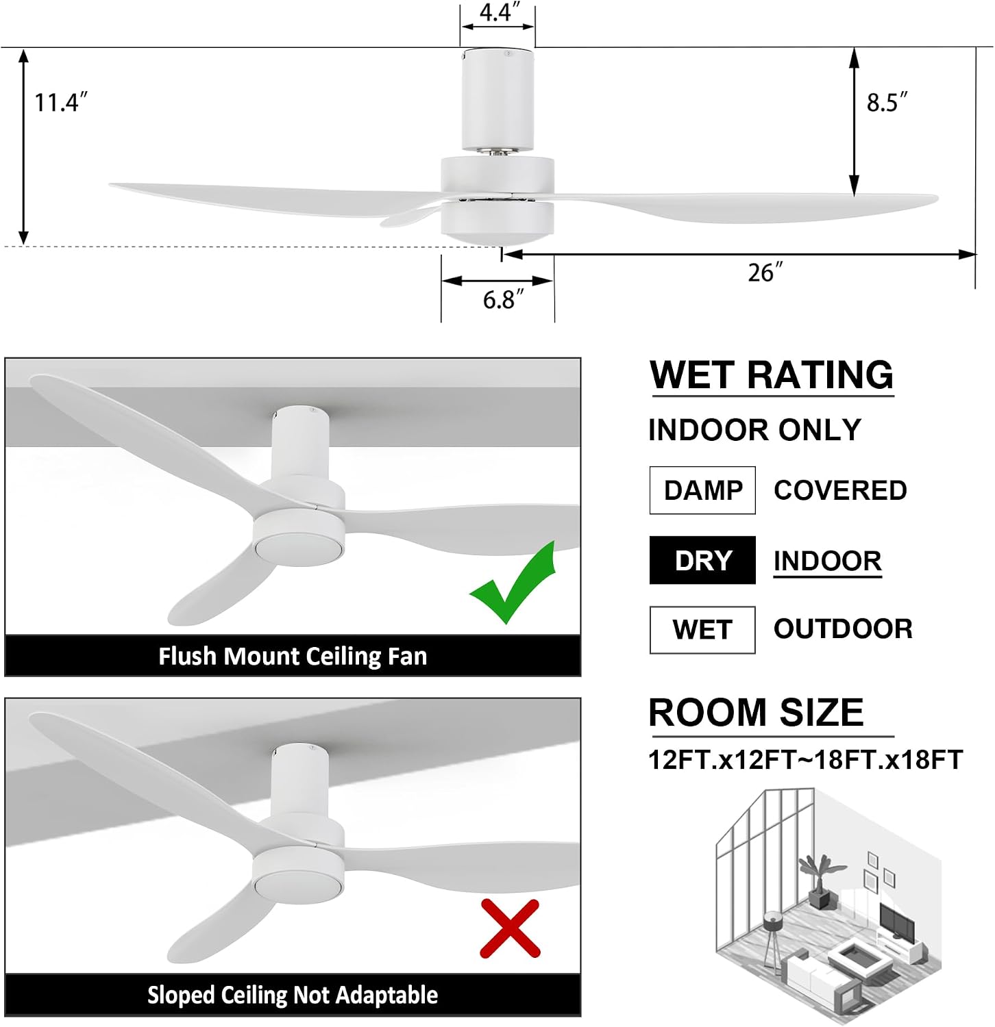 SMAAIR 52 Inch Ceiling Fan with Light and Remote Control, Flush Mount Ceiling Fans with Lights, Reversible, Noiseless DC Motors, Dimmable, Indoor Ceiling Fan for Bedroom, Living Room, White