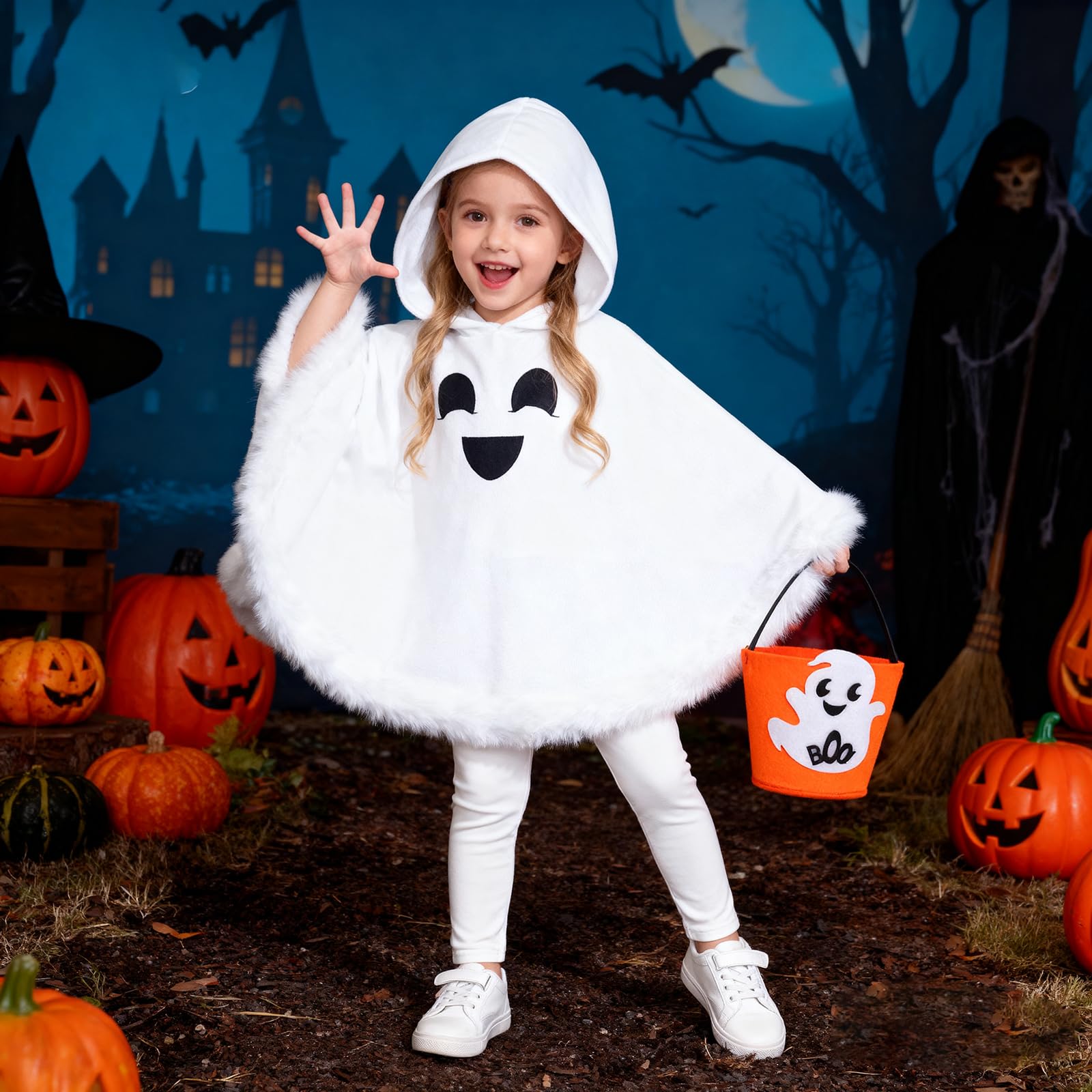 Toddler Baby Boys Girls Ghost Costume Kids Halloween Ghost Face Hooded Cloak Costume Party Boo Ghost Outfit for ages 1-2 Years,White Cloak+Pants+Pumpkin Basket Set - Image 2