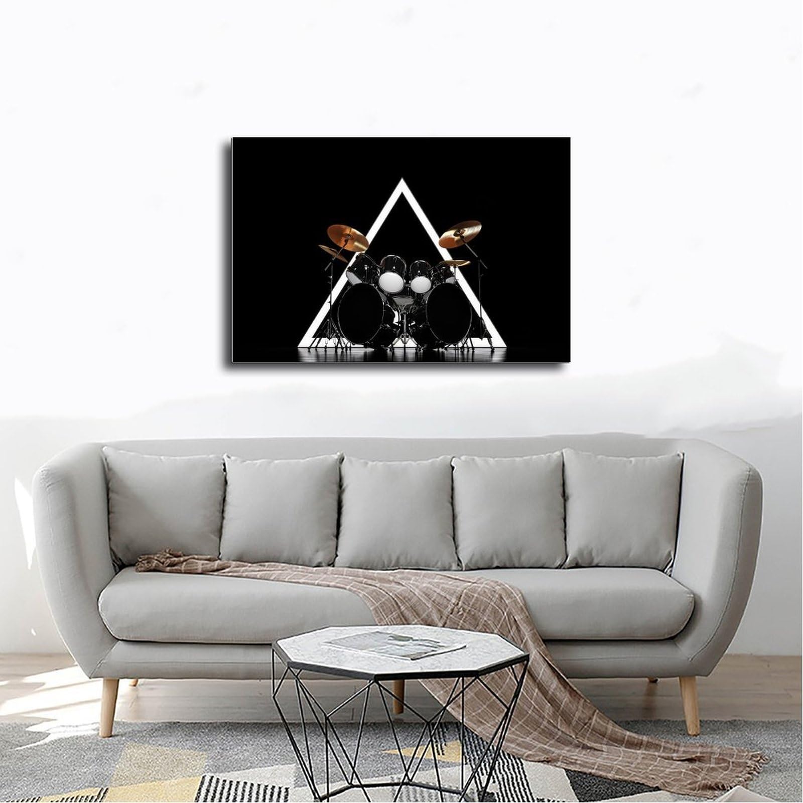 Set di tamburi su tela, decorazione moderna a triangolo per sala musicale, poster per camera da letto, decorazione per ufficio, camera da letto, regalo, 61 cm di lunghezza x 91,4 cm di larghezza
