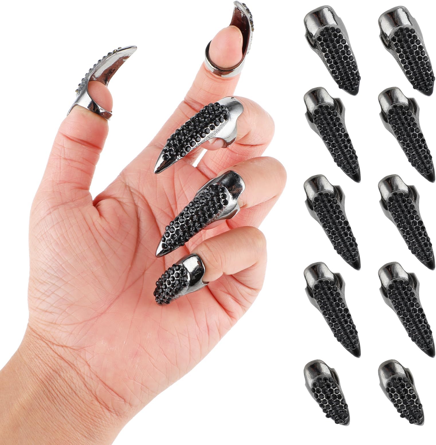10 PCS Halloween Costume Claws 3 Sizes Crystal Finger Claws Set Fake Nails Ring Gothic Punk Full Nail Finger Long Nail Fingertip Claw for Girls Women Men Halloween Cosplay