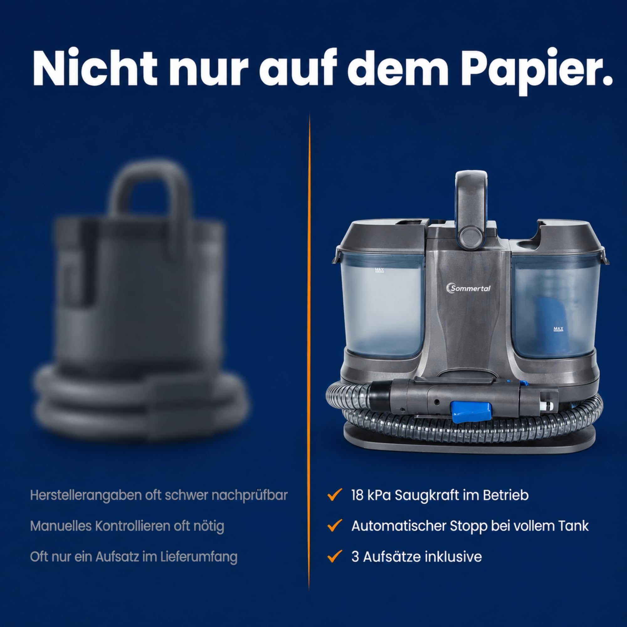 Sommertal Dispositivo limpiador de tapicería WS600 – Potente aspirador de 600 W con 18 kPa de potencia de succión, aspirador en seco y húmedo, limpiador de tapicería, limpiador de alfombras y sofá