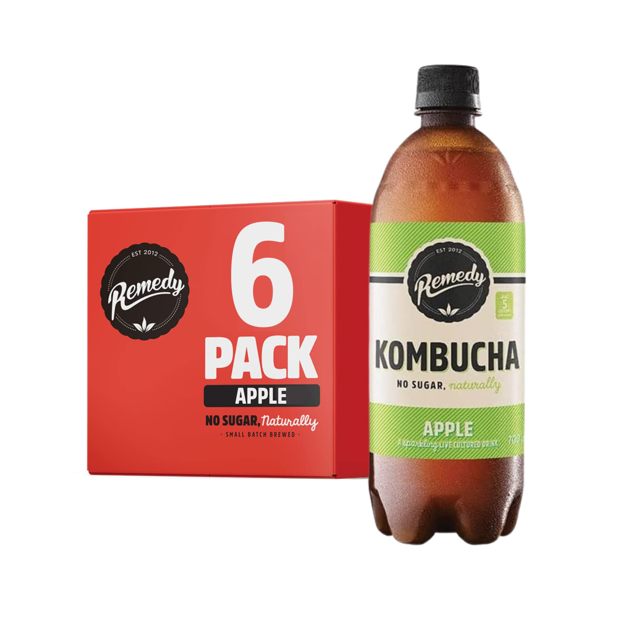 Remedy Kombucha Tea - Apple Crisp - Sparkling Live Cultured Drink - Naturally Sugar Free Soft Drink - Prime Probiotic Drink for Gut Health - 6 x 700ml