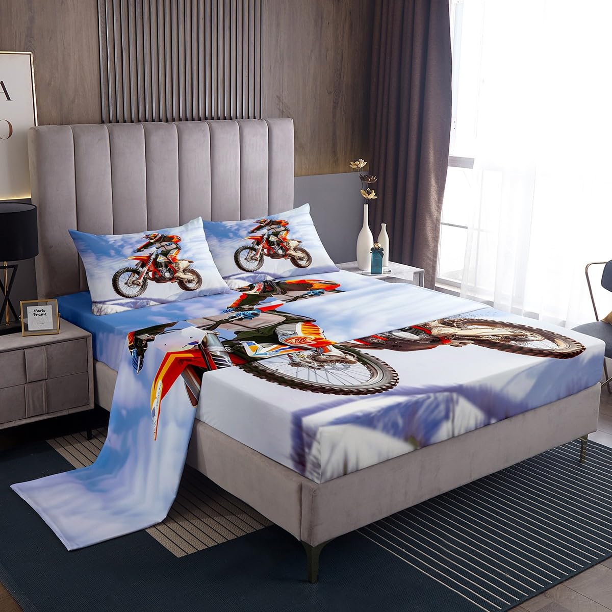Feelyou Motocross Rider Bed Sheet Set Extreme Sports Bedding Sheets Kids Boys Girls Motorcycle Bedding Fitted Sheet Dirt