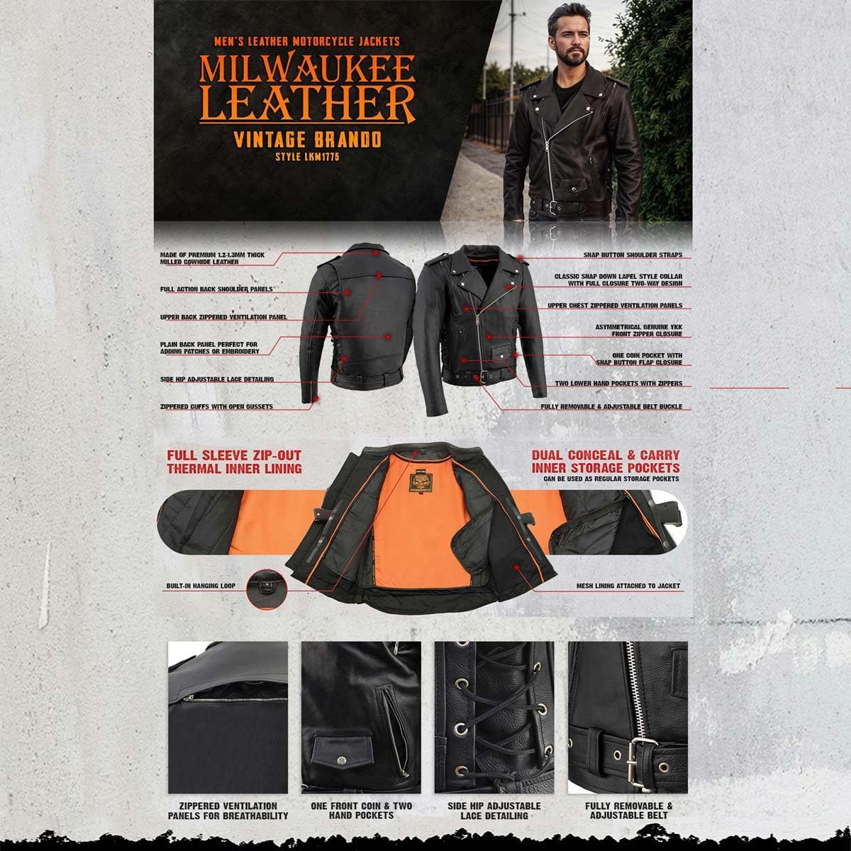 Milwaukee Leather LKM1781 Men's The Legend Classic Black Premium Leather Motorcycle Jacket w/Quilted Liner - Image 3