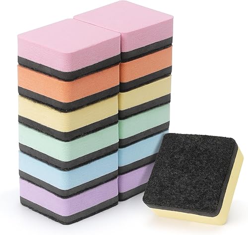 Paquete de 12 borradores en seco para pizarra blanca magnéticos, borradores de pizarra blanca para aula de niños, color pastel cuadrado