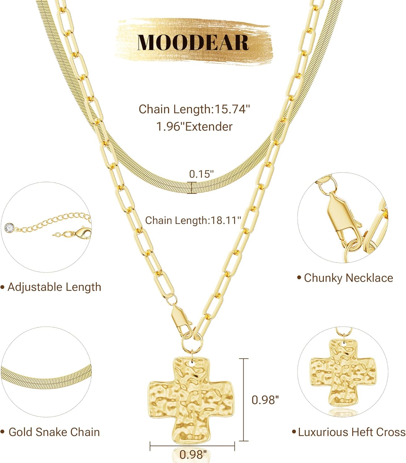 Moodear Valentines Day gifts for Her Chunky Cross Necklace for Women Trendy 14K Gold Plated Silver Layered Statement Crucifix Pendant Charm Necklaces Paperclip Chain Snake Herringbone Choker Jewelry - Image 5