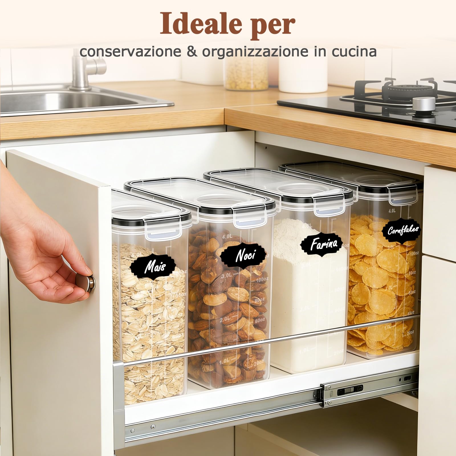 Contenitori Ermetici Alimentari con Coperchio 4L – Set da 4 Scatole di Conservazione per Cucina in Plastica, Ideale per Farina, Muesli, Cornflakes e Cereali, Include 8 Etichette e 1 Pennarello
