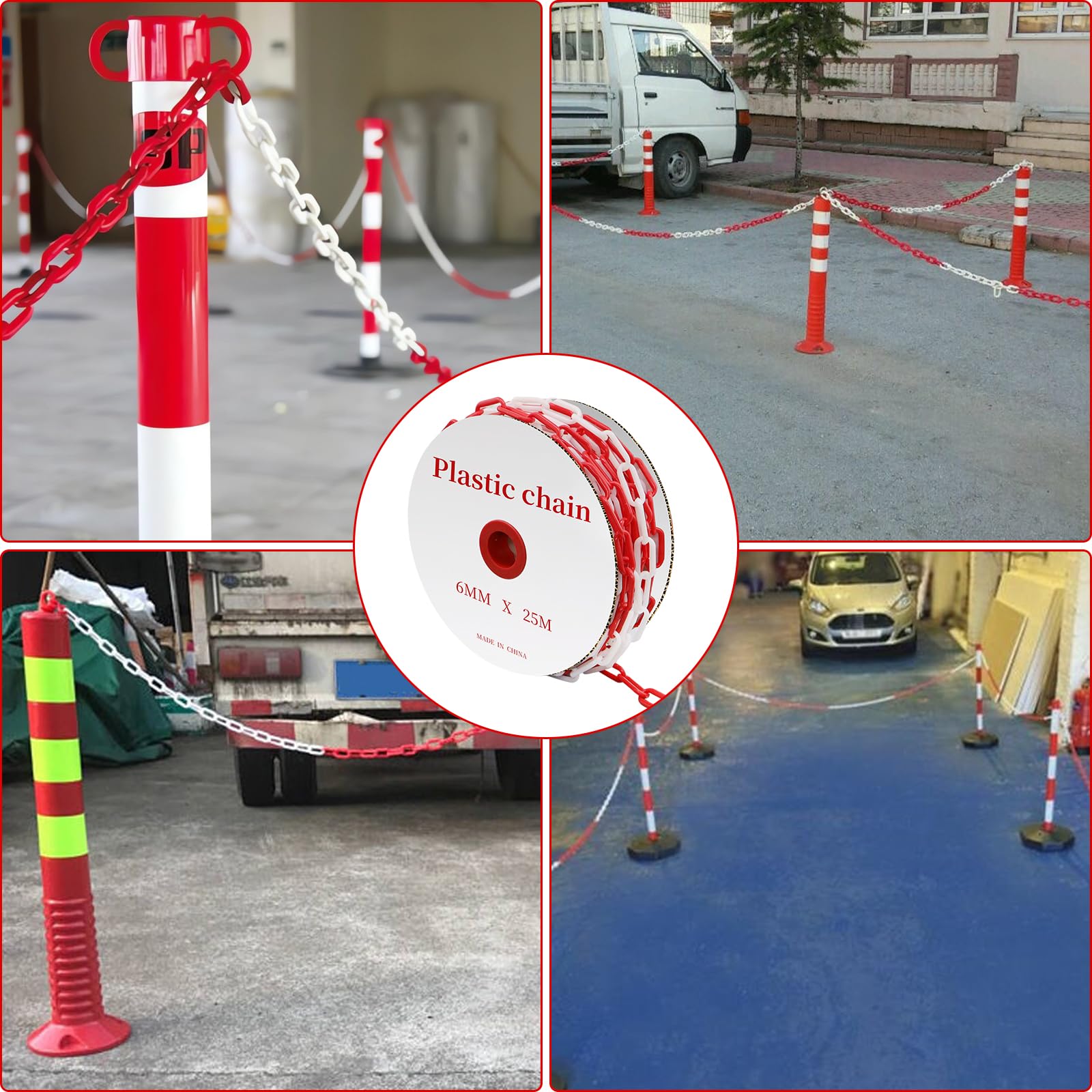 Chaîne Plastique Rouge et Blanche 25m, 6mm Chaine de Barrage Avec 4 Crochets en S, Chaine de Signalisation Pour Chantiers, Parkings et Lieux d’événements