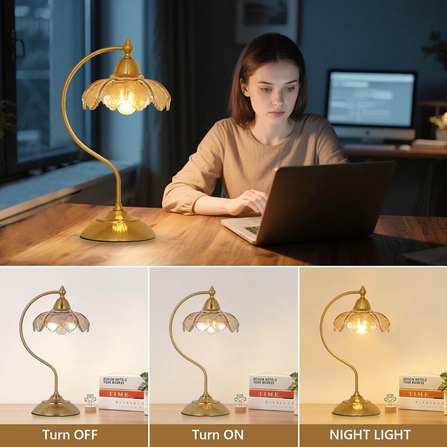 Table Lamps for Living Room, Flower Desk Lamp, Glass Beside Lamp for Nightstand, Gooseneck Small Table Lamp, Mid Century Modern Desk Light, Table Light for Bedroom Home Office Reading (Amber)