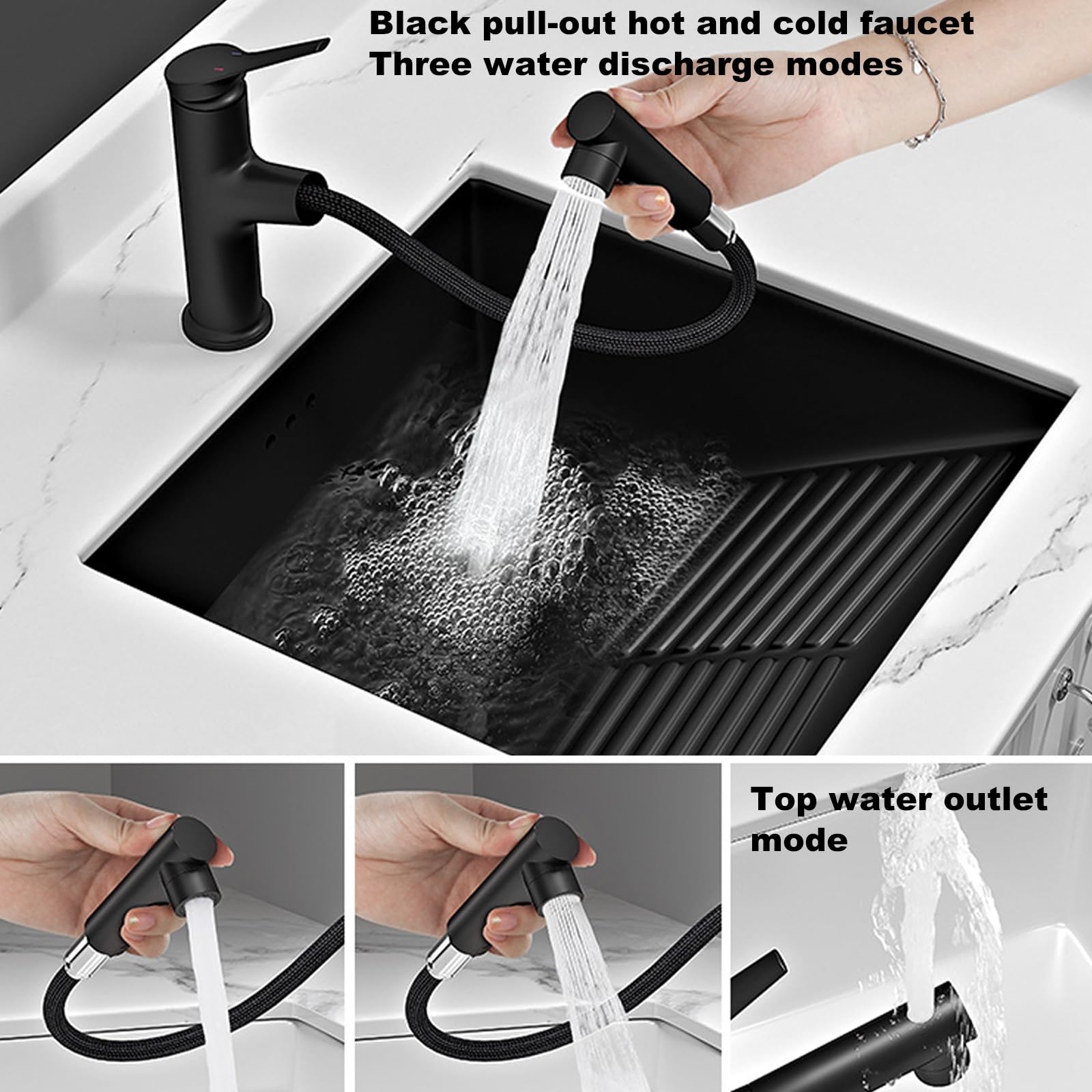 Fregadero de baño de cerámica negra con lavabo, diseño cuadrado, completo con grifo negro y juego de drenaje, perfecto para balcones y lavanderías