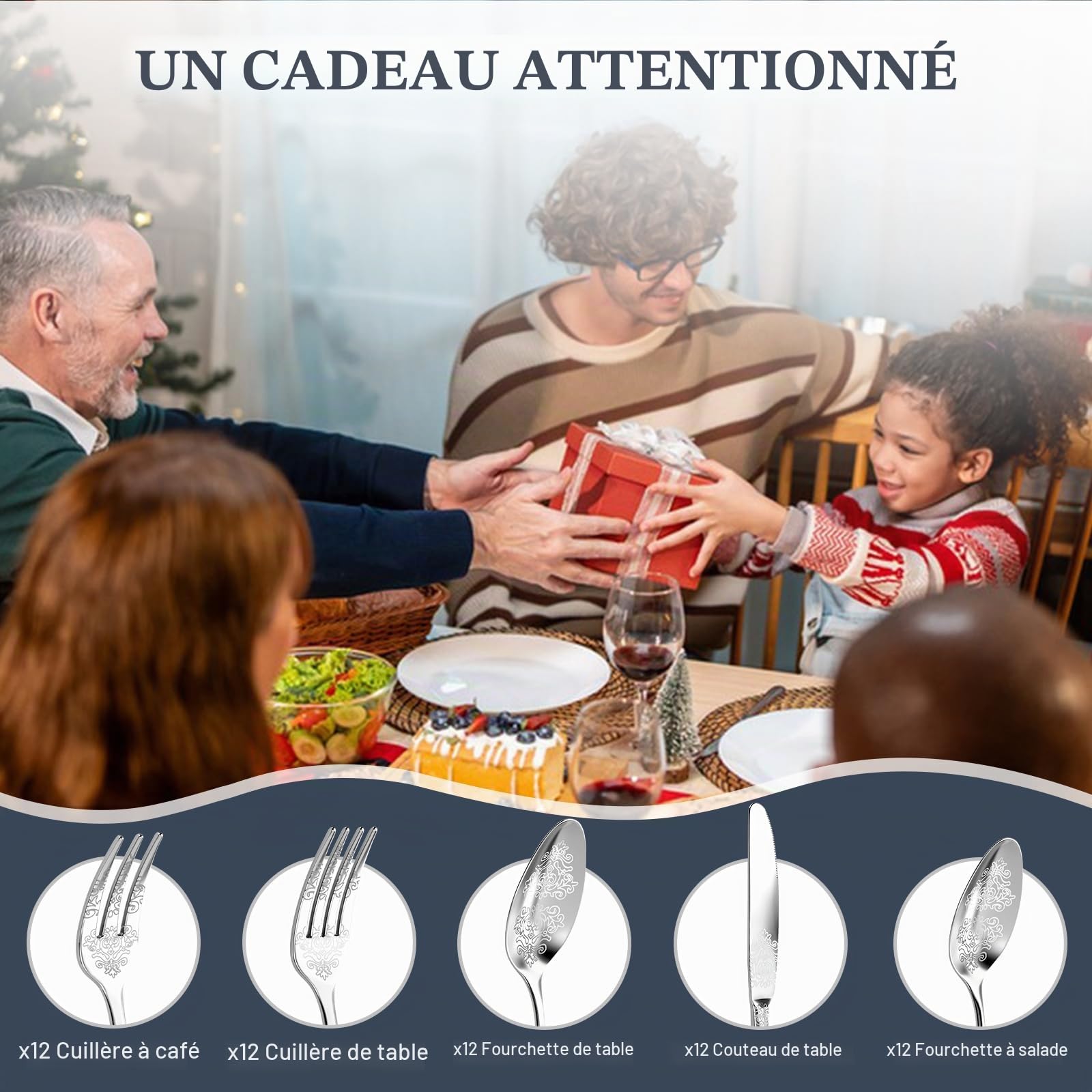 DRAGON RIOT Couvert de Table 12 Personnes - 60 Pieces Set de Couverts en Acier Inoxydable, Menagere Argent avec Couteaux à Manger, Fourchette, Petite Cuillère, Ménagère pour Le Ménage, Restaurant,Fête