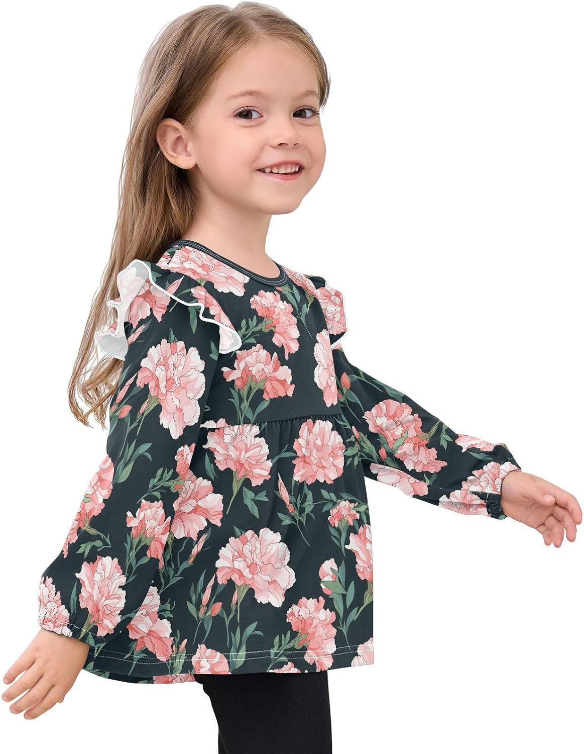 visesunny Toddler Clothes for Girls Pink Carnation Plant Long Sleeve Fall Shirts Cotton Top with Ruffle Collar