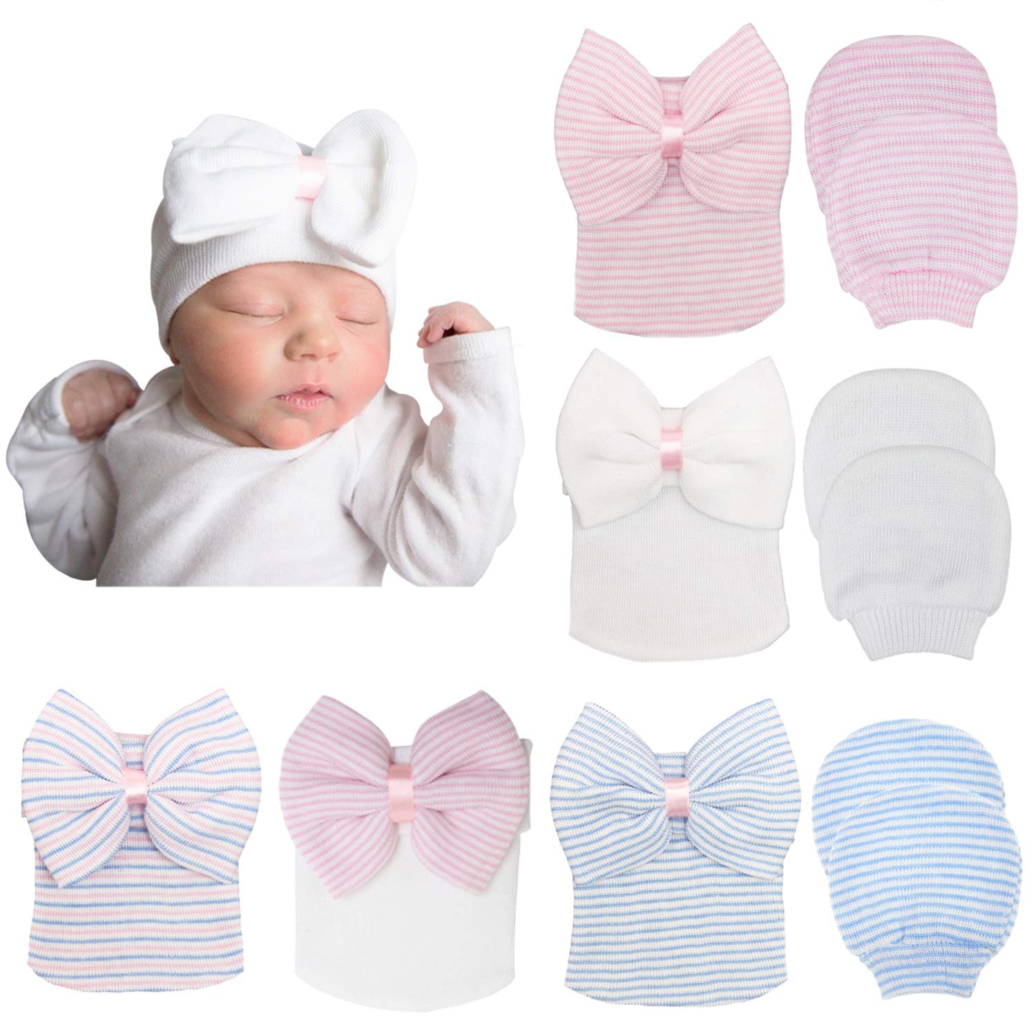 DRESHOW Guanti Neonato Cappellini Neonata Cotone - 3 Paia Guanti per Neonati e 5 Pezzi Berretti per Neonati, Ragazzi, Ragazze, 0-3 Mesi
