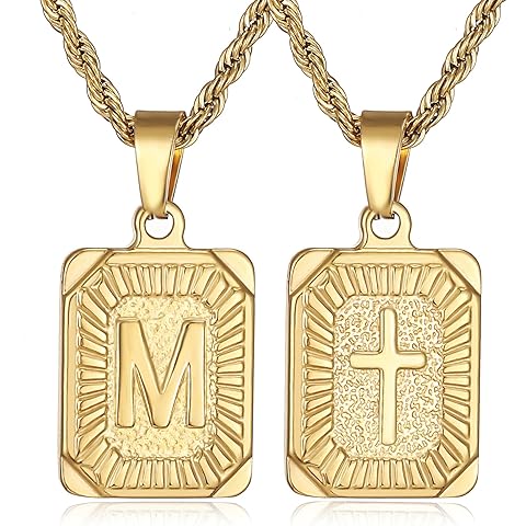 SKQIR initial Letter Necklaces for Men,Stainless Steel Plated A Z Square Pandent Letter Necklace for Women,Cross Necklace with Letter Chain Pendant for Boys Stocking Stuffers Christmas New Year Gifts for Men Women