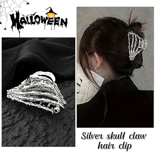 Miniatura 5 de Pinzas para el cabello de mano de calavera para Halloween, pinzas de metal plateado para cabello grueso o fino, diseño de calavera francesa, pinzas