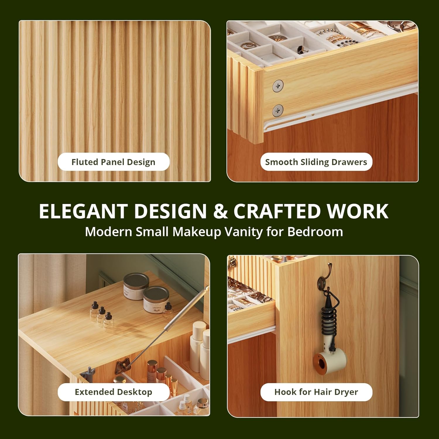 FURSUN 3-in-1 Vanity with Flip Mirror & Lights, Fluted Compact Vanity Table with 3 Drawers, Storage Compartment and Rolling Stool, Modern Small Makeup Vanity for Bedroom, Powder Room, Natural Oak