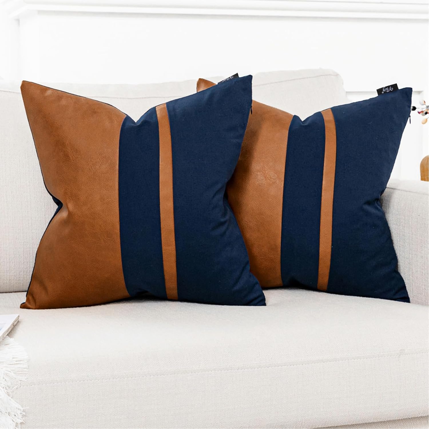 Set of 2 Navy and Brown Decorative Throw Pillow Covers 18x18 Inch Faux Leather and Cotton Patchwork Pillow Cover,Modern Farmhouse Accent Pillow Case for Living Room Couch Bed Boho Decor