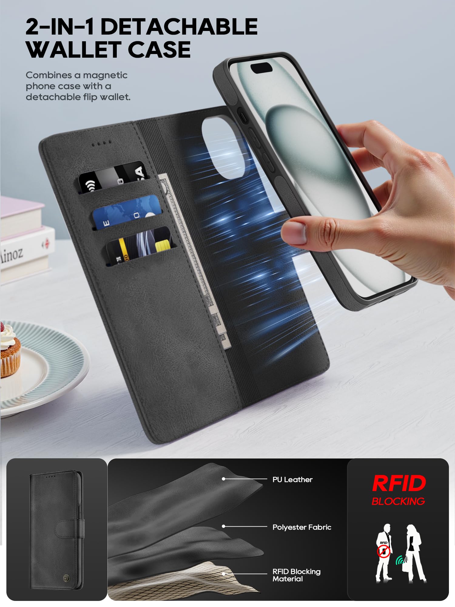 iPhone 15 Hülle,[2 in 1 Magnetisch Abnehmbar] Kabelloses Laden Kompatibel Stoßfest Schutzhülle Lederhülle Klapphülle Handyhülle für iPhone 15 - schwarz