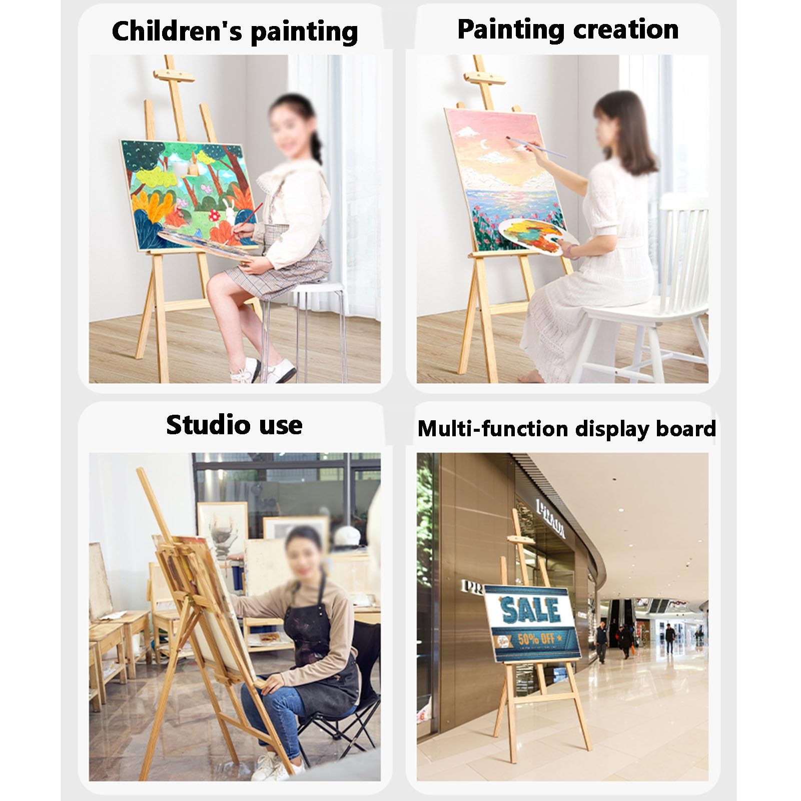 Caballete de exhibición Independiente para Carteles, Caballete de Madera Ajustable, para Dibujar y Hacer bocetos (Blanco, 150 cm)