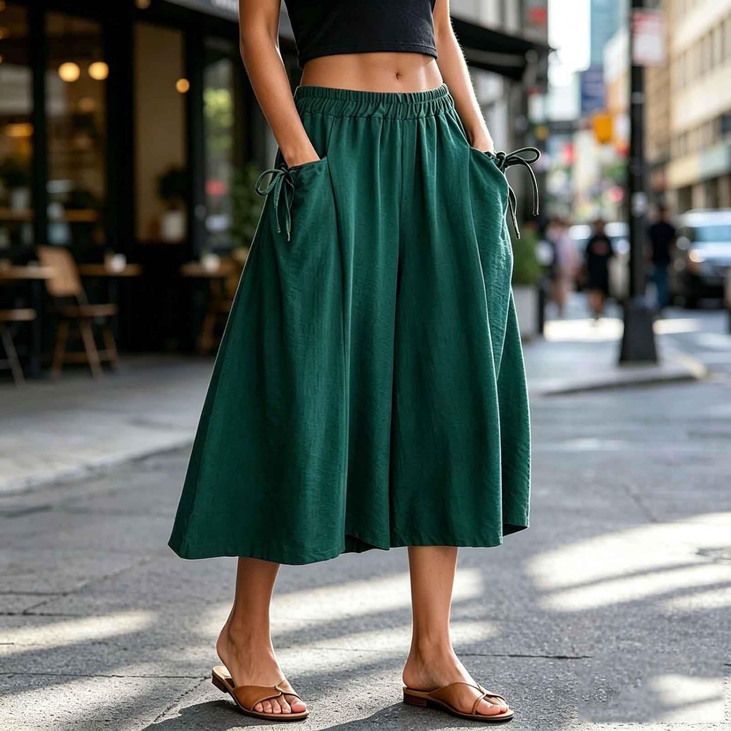 Wide Leg Capri Pants for Women High Waist Casual Palazzo Slacks Plus Size Summer Beach Vacation Clothes with Pockets