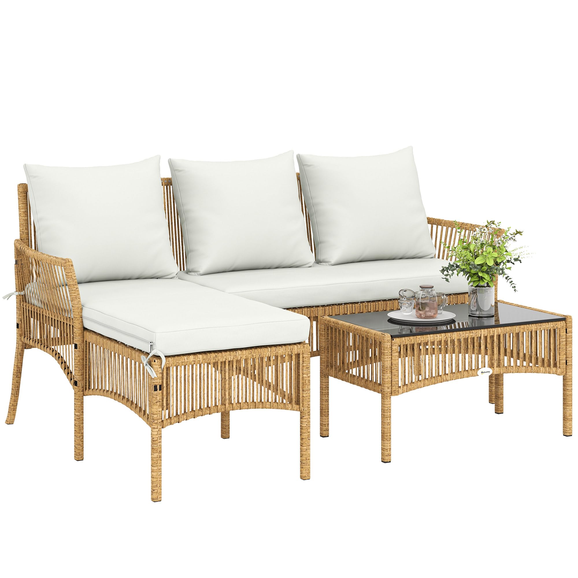 Outsunny Salon de Jardin Extérieur d'angle 4 Places Résine Tressée, Crème | Canapé 2 Places, Chaise Longue, Table Basse, Plateau en Verre Trempé, Coussins, Mobilier de Jardin, Terrasse, Patio