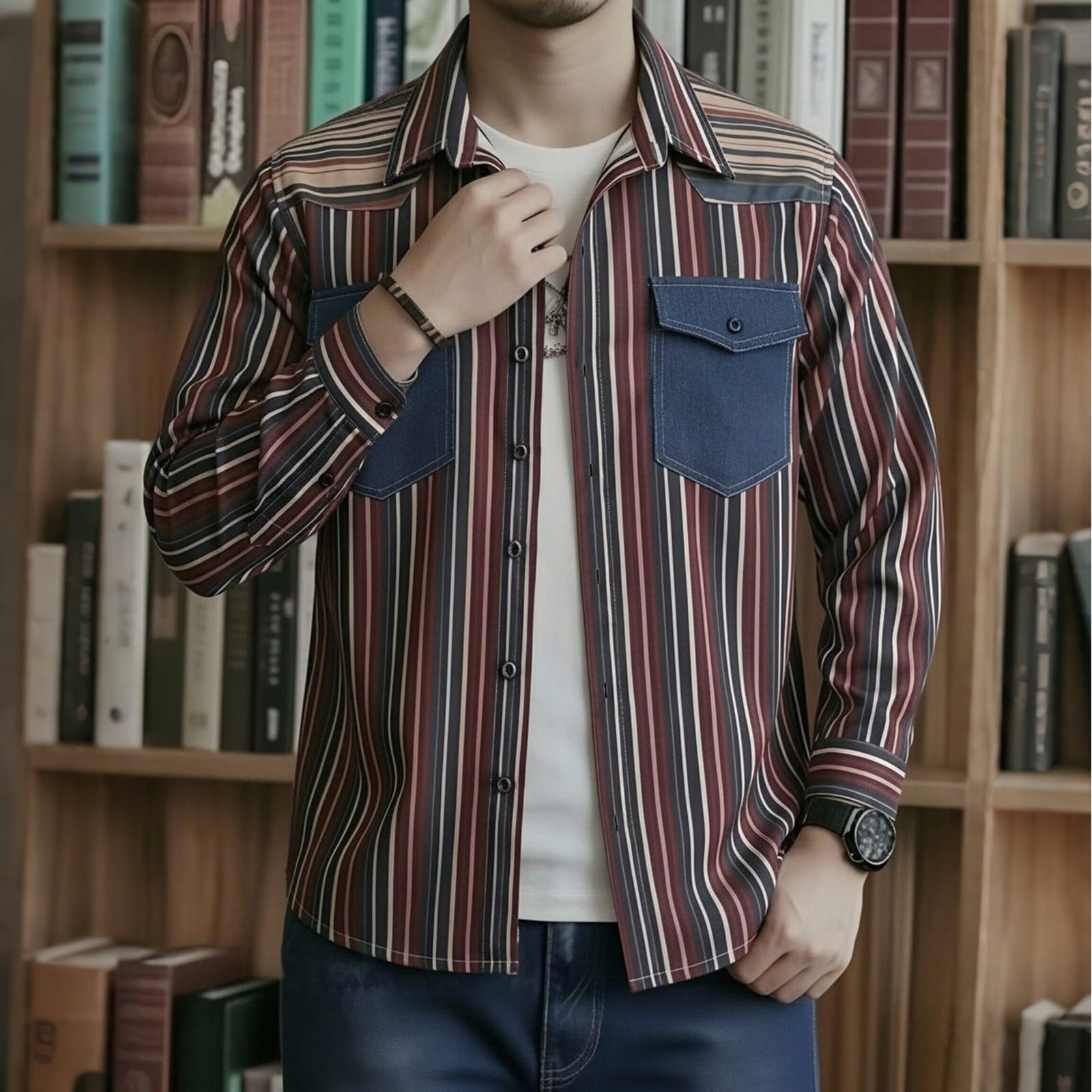 Camicia vintage a maniche lunghe a righe con bottoni, a maniche lunghe, con bottoni, stile retrò, casual, in tessuto morbido per abiti street style