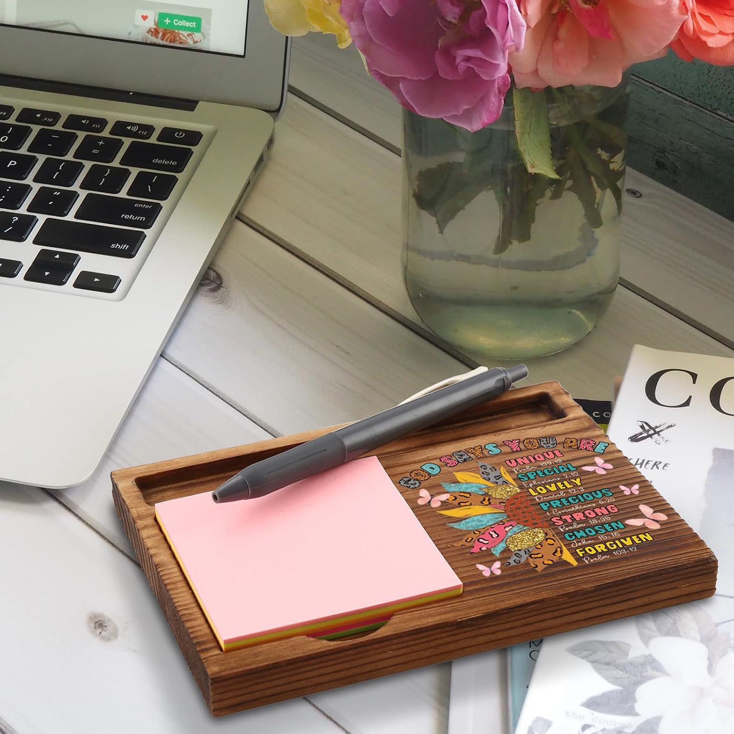 God Says You are Gifts Sticky Note Holder, Christian Inspirational Desk Gift with Bible Verses, Religious Wooden Office Decor for Women, Teens, Coworkers, Faith Based Note Pad Holder ZSS84 image 3