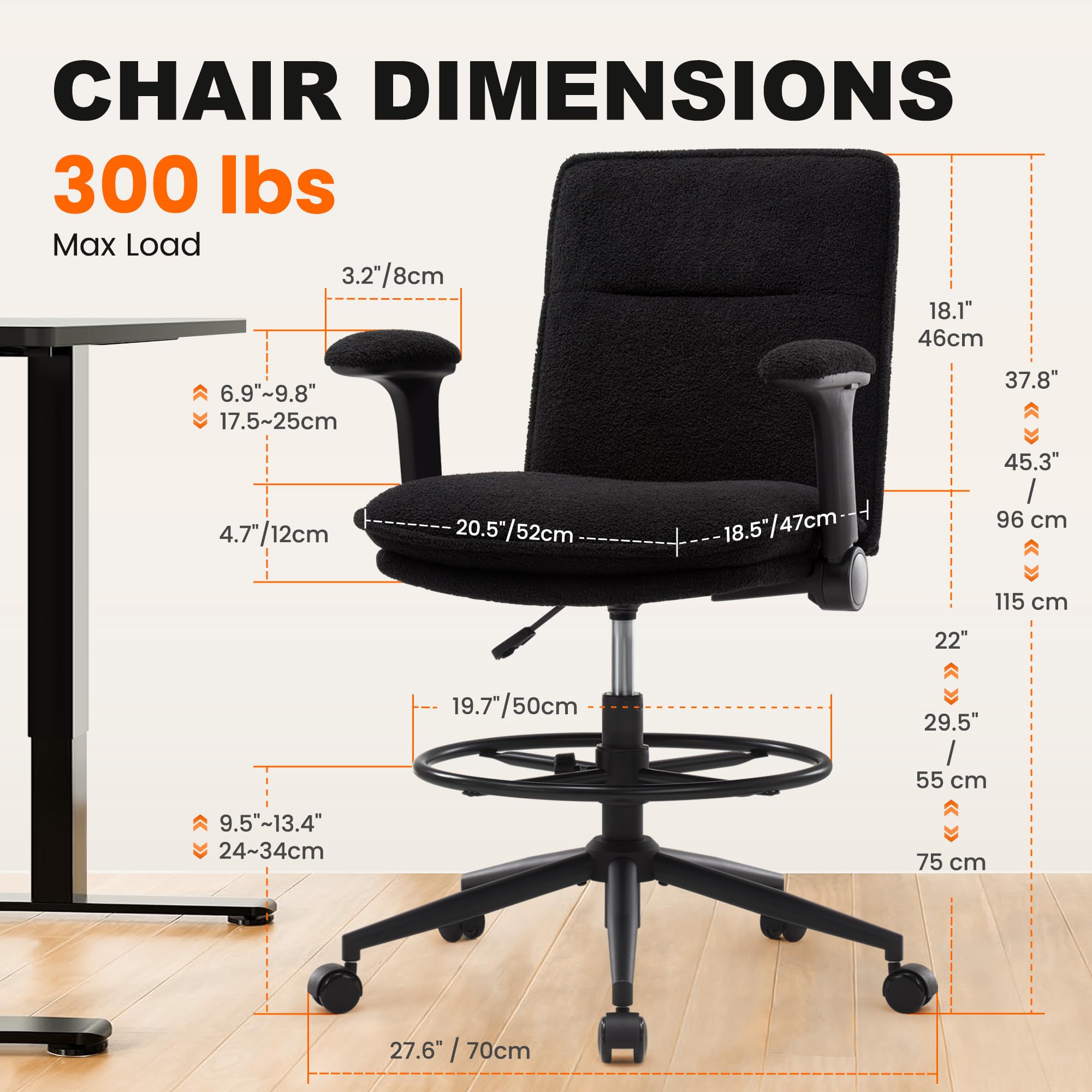 Silla de trabajo ergonómica regulable en altura, giratoria con reposapiés ajustable y reposabrazos plegables negra