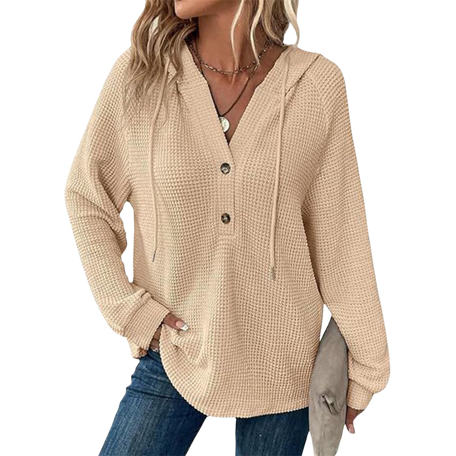 Hoodies for Women Comfortable Waffle Knit Long Sleeve Drawstring Button V Neck Casual Pullover Sweatshirt Hooded Tops