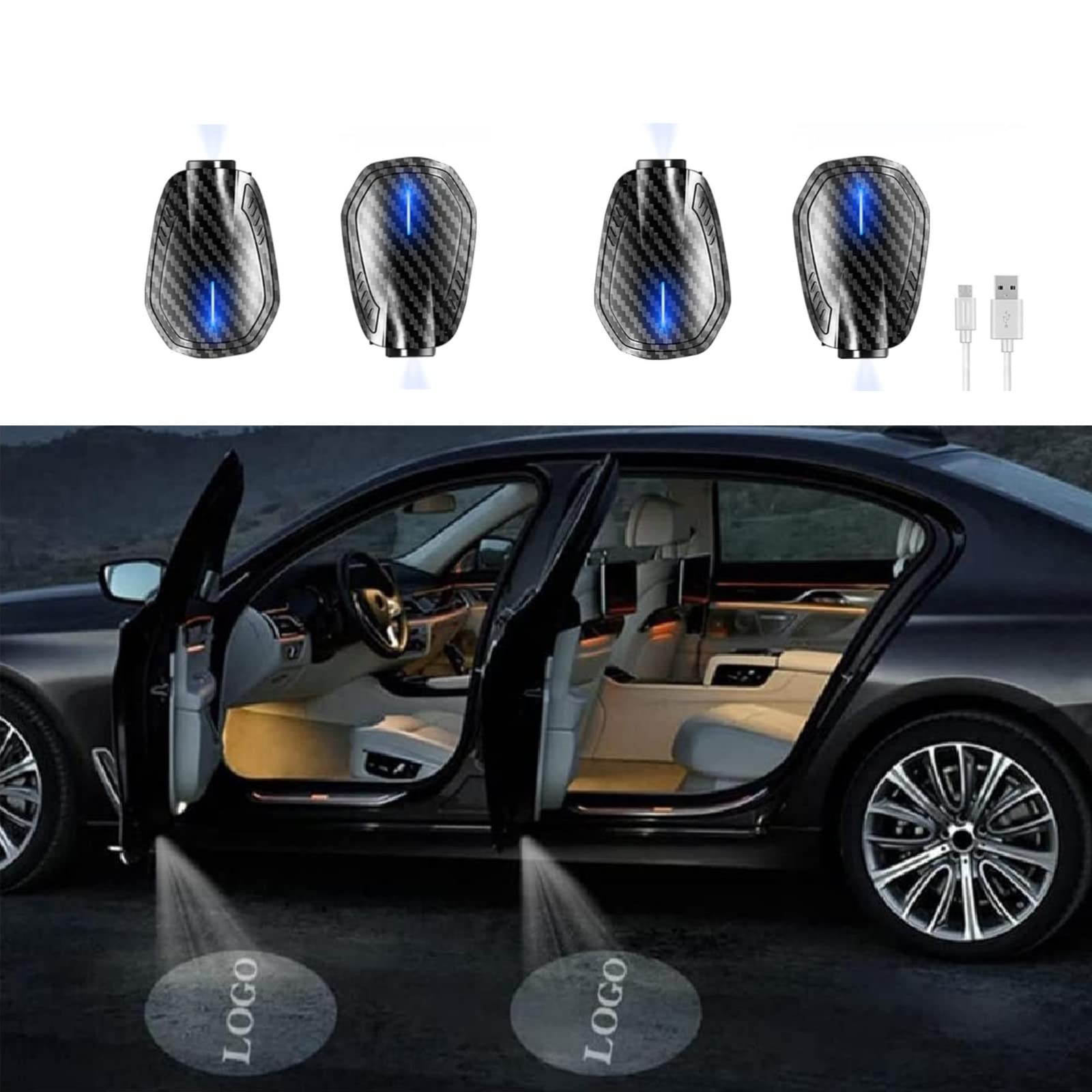Custom Car Door Projector Light,Custom Carbon Fibre Rechargeable Wireless Car Door Light (4Pcs)