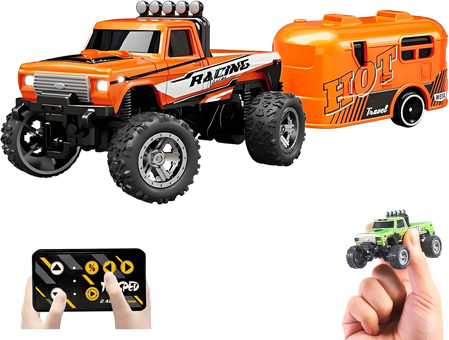 1:64 Mini RC Monster Truck with LED Lights | 2.4GHz Off-Road Remote Control Car | 3 Speed Adjustable, USB Rechargeable Alloy RC Truck for Kids & Adults Indoor/Outdoor Racing (Orange)