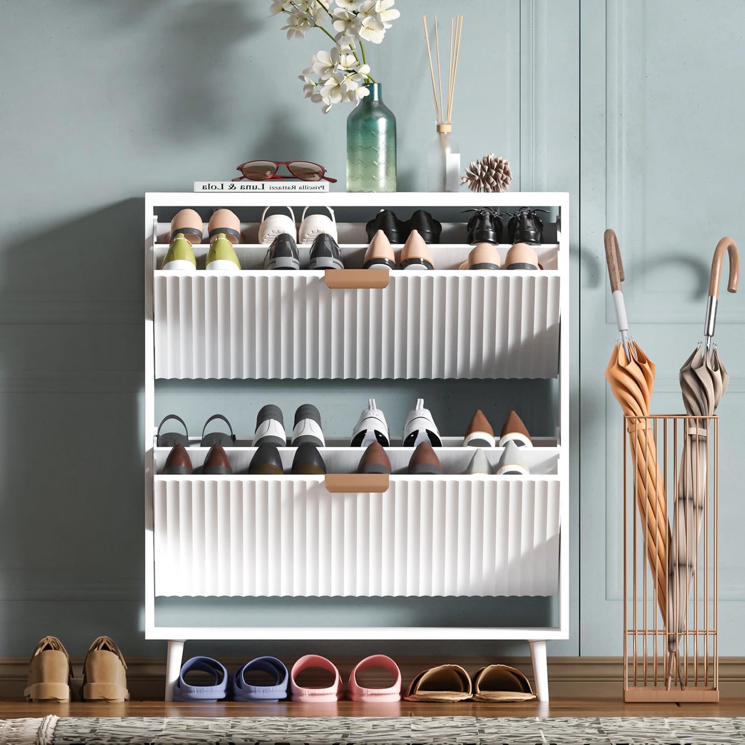 Shoe Cabinet Storage,Modern Freestanding Organizer with 2 Flip Drawers,Narrow Shoe Rack Cabinet for Entryway,White 2-Drawers White