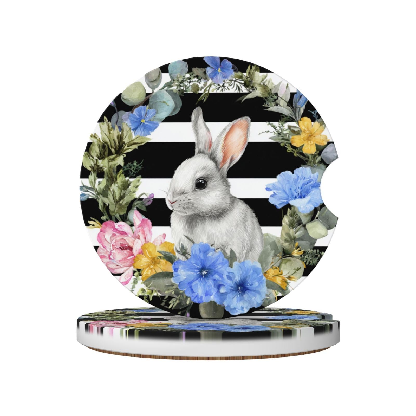 Spring Wreath Bunny Wild Flowers Ceramic Coasters,2pcs