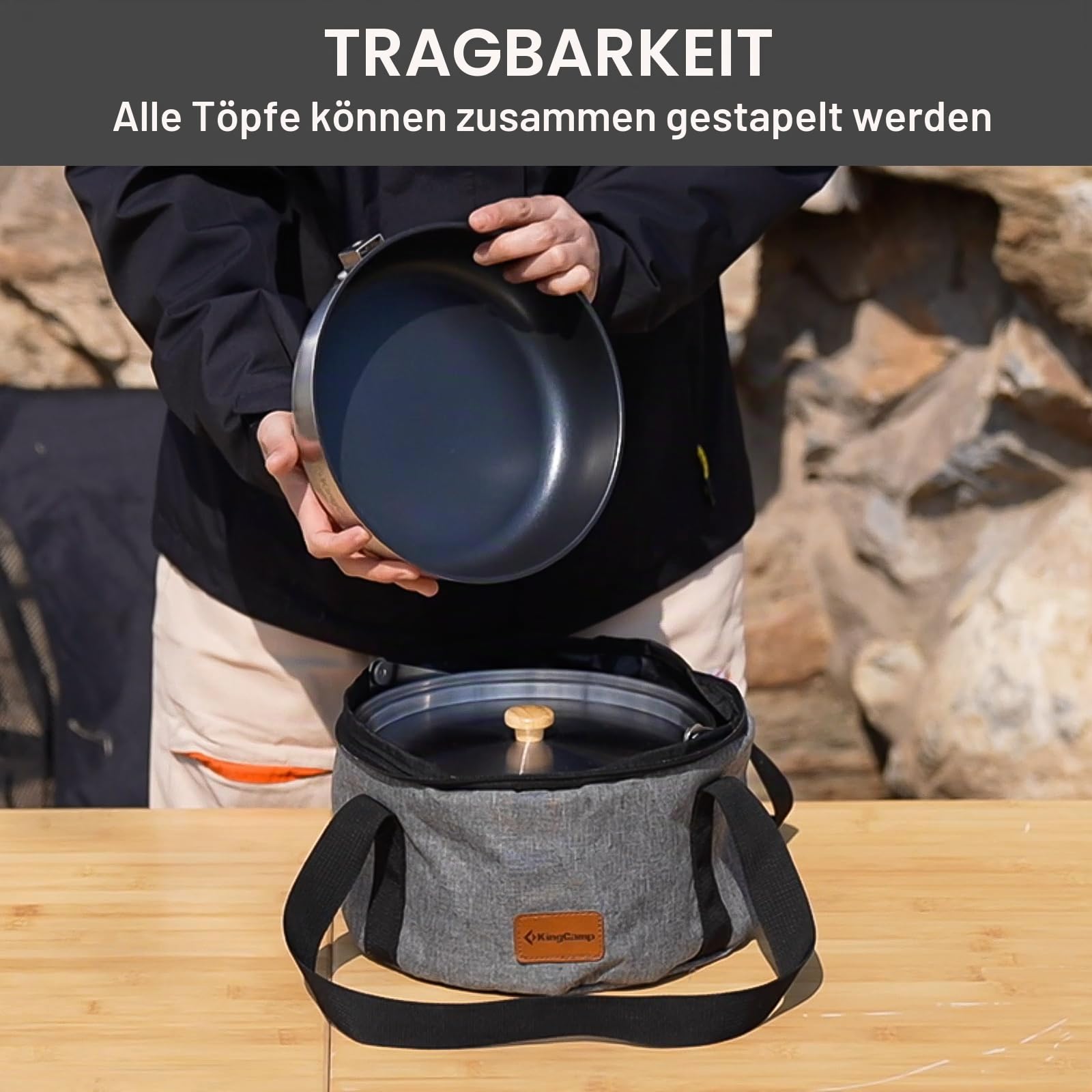 KingCamp Camping-Kochgeschirr-Set, 304 Edelstahl, Lagerfeuer, Kochtöpfe, Pfanne und Wasserkocher mit Reisetasche, für Camping, Outdoor, Küche, Kochen, Picknick für 4–6 Jahre | Tragbare stapelbare Lagerfeuer Kochtöpfe Pfanne und Wasserkocher mit Reisetasch