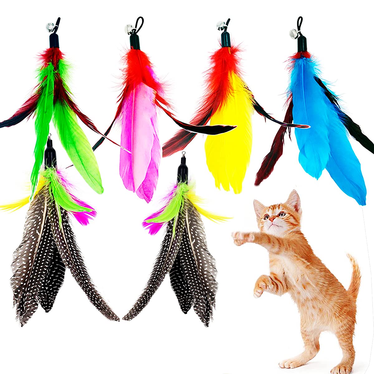 Cat Feather Wand Refills, 6-Pack Colorful Replacement Attachments with Bell that to Add Life to Your Cat's Wands